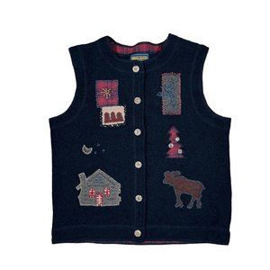 Woolrich 100% Wool Women's Sz M‎ Black Vest / Sleeveless Sweater w Embroidery